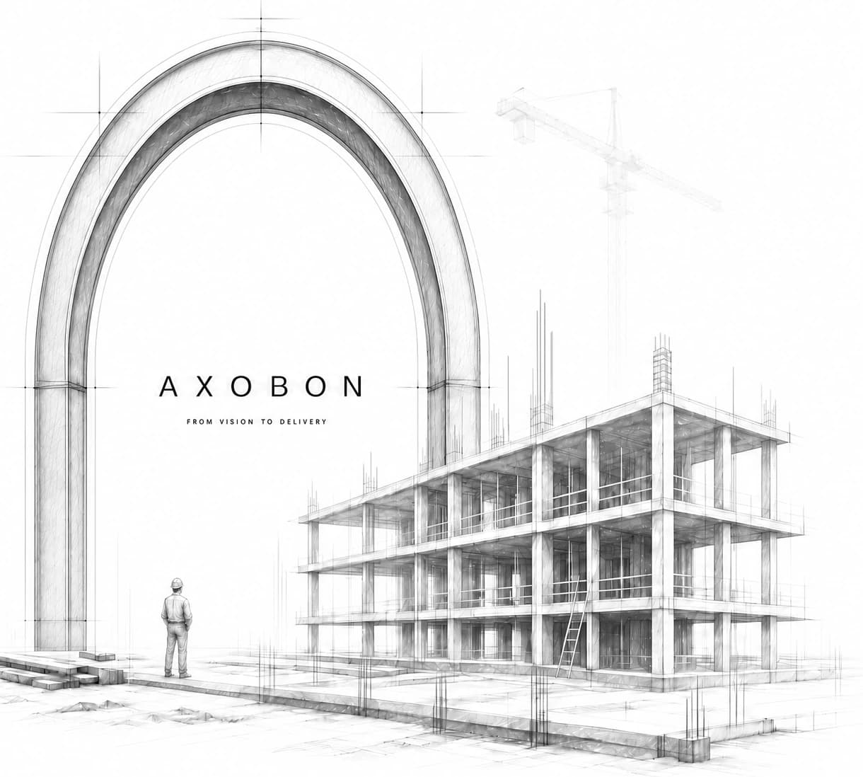 Architectural sketch: a grand arch over a building under construction, with a lone figure and a crane. AXOBON — from vision to delivery.
